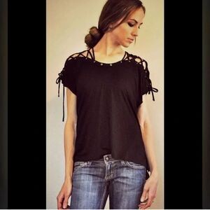 Women's Black Short Sleeve Lace-Up Shoulder Tee